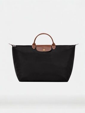 Longchamp Le Pliage Large Black Tote with Brown Handles